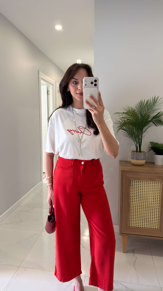 Tidsa Beyaz Cherry Kırmızı Baskılı Tişört