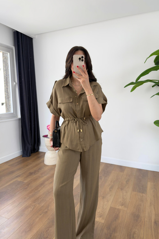 Tika Haki Kendinden İp Detaylı Keten Gömlek Pantolon Takım