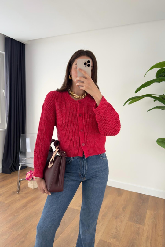 Tisa Kırmızı Triko Crop Hırka