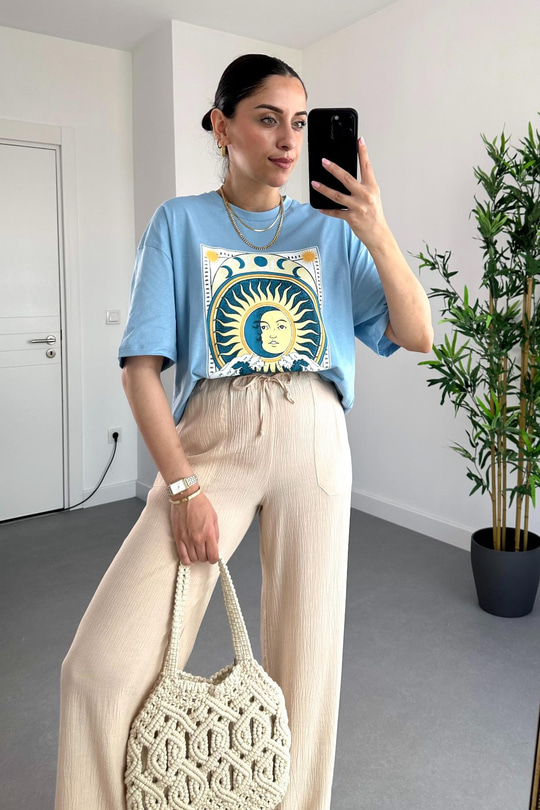 Mng Bebe Mavi Kare Baskı Detaylı Tişört
