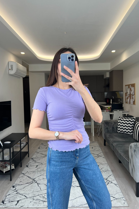 Na-kd Lila Önü Büzgülü Tişört