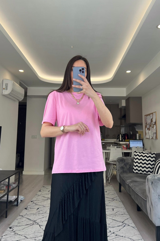 Pembe Vatkalı Basic Tişört