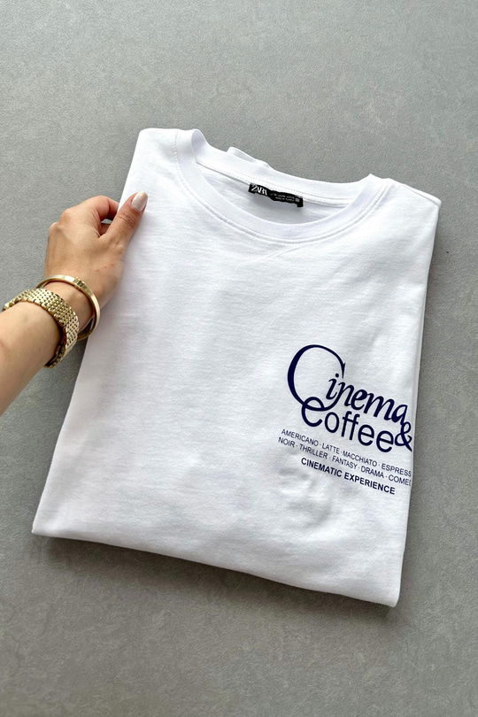 Zr Beyaz Cinema Coffee Baskılı Tişört