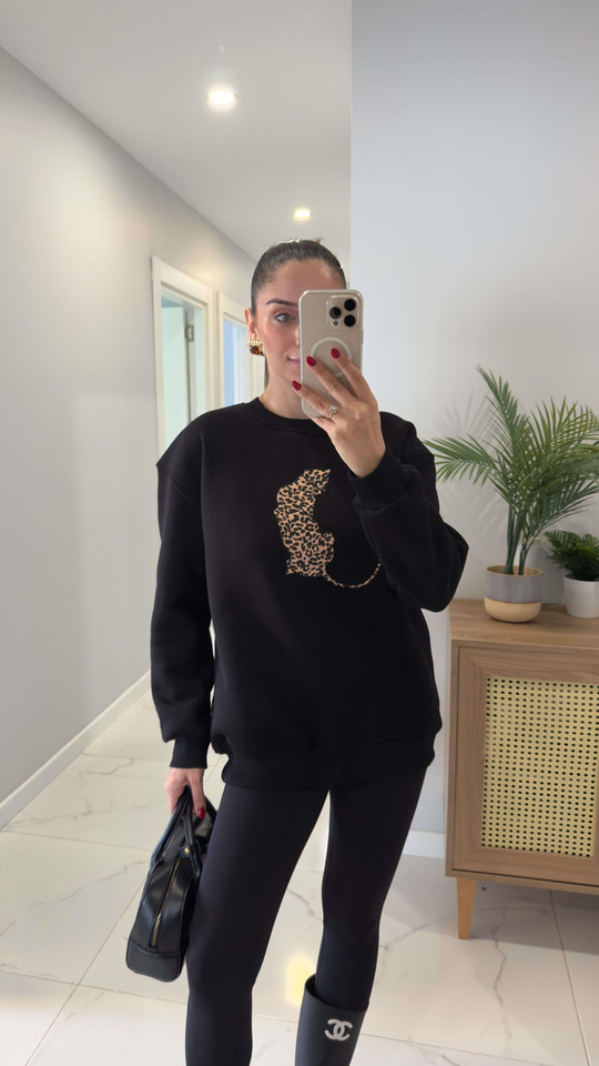 Todrea Siyah Leopar Figürlü Sweat