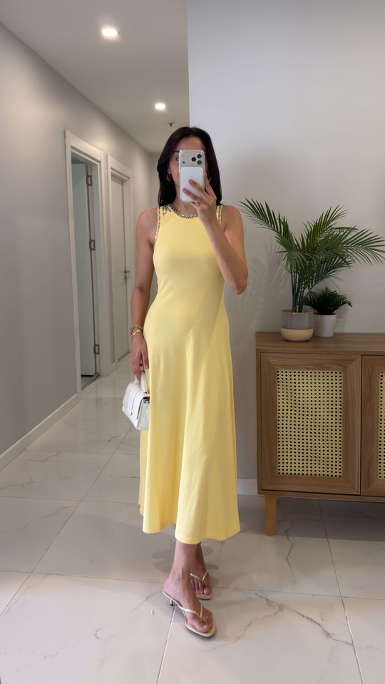 Tolen Sarı Taş Detaylı Örme Elbise