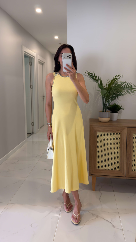 Tolen Sarı Taş Detaylı Örme Elbise