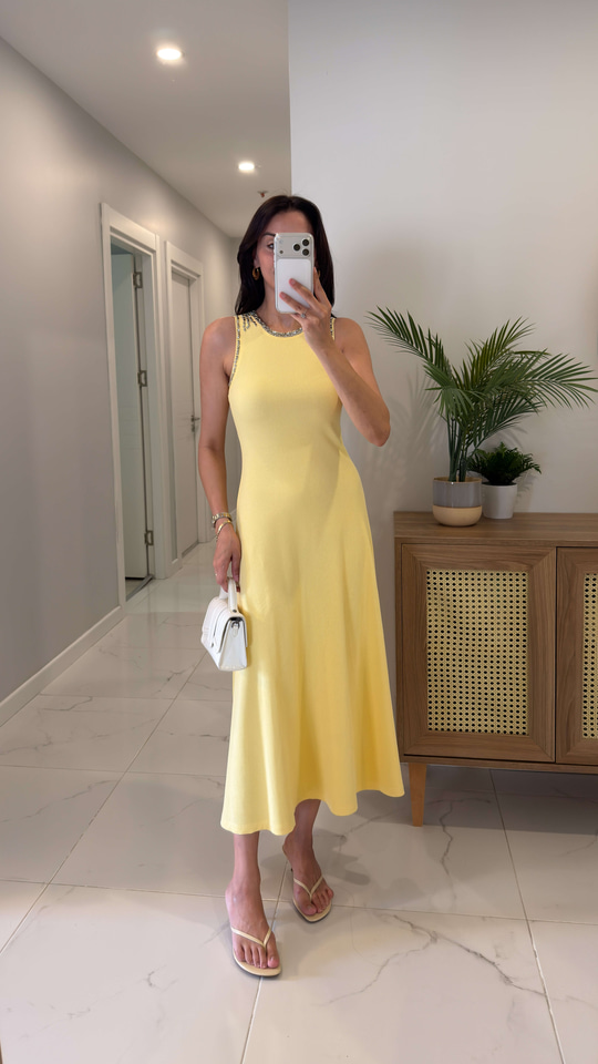Tolen Sarı Taş Detaylı Örme Elbise