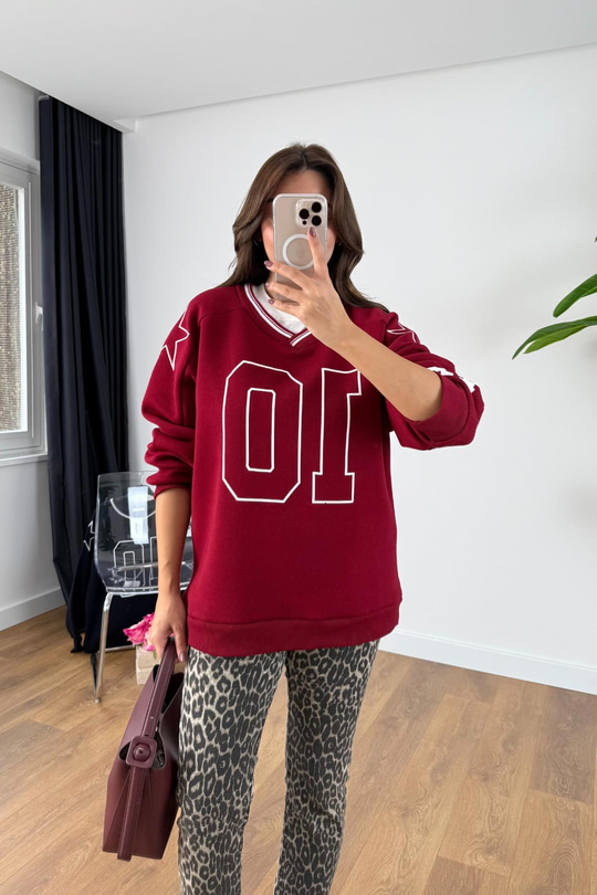 Tolsa Kırmızı V Yaka Detaylı Şardonlu Sweatshirt