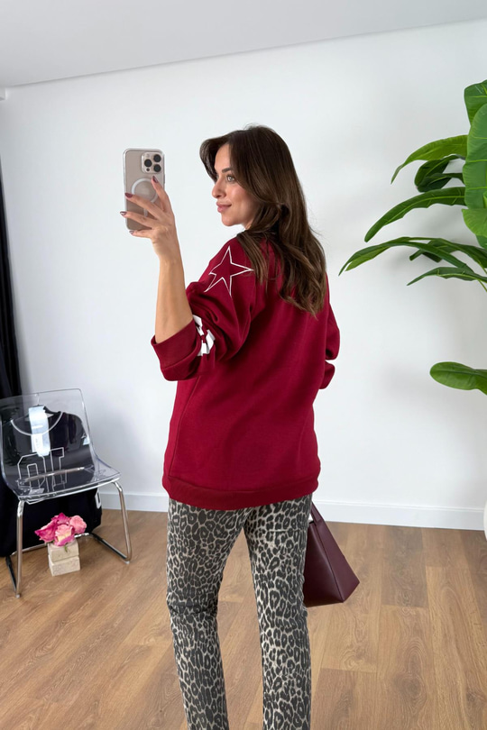 Tolsa Kırmızı V Yaka Detaylı Şardonlu Sweatshirt