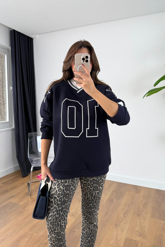 Tolsa Lacivert V Yaka Detaylı Şardonlu Sweatshirt