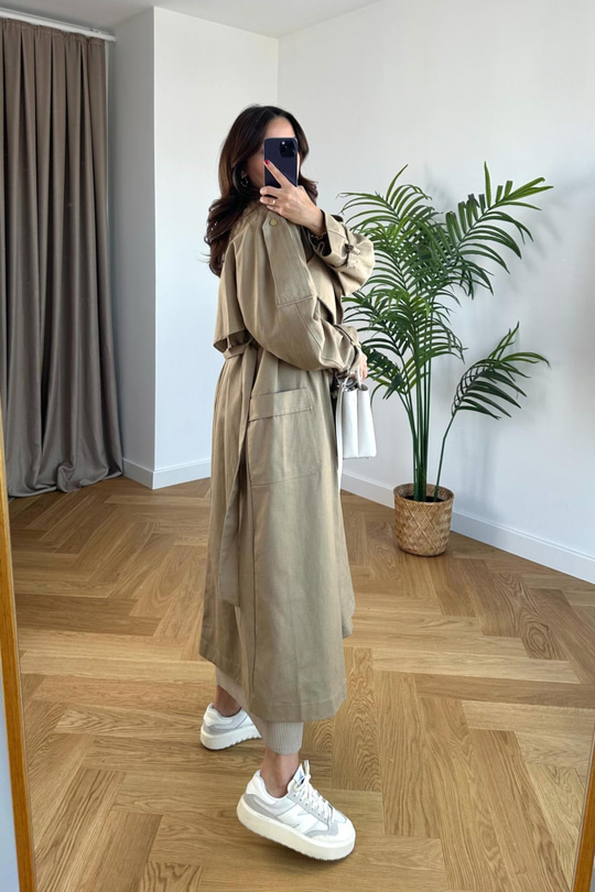 Koyu Bej Premium Kruvaze Yaka Çıtçıt Detaylı Gabardin Trençkot
