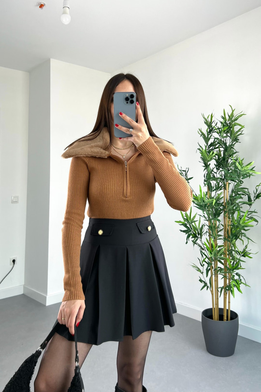 Bolis Camel Kürk Detaylı Fermuarlı Triko