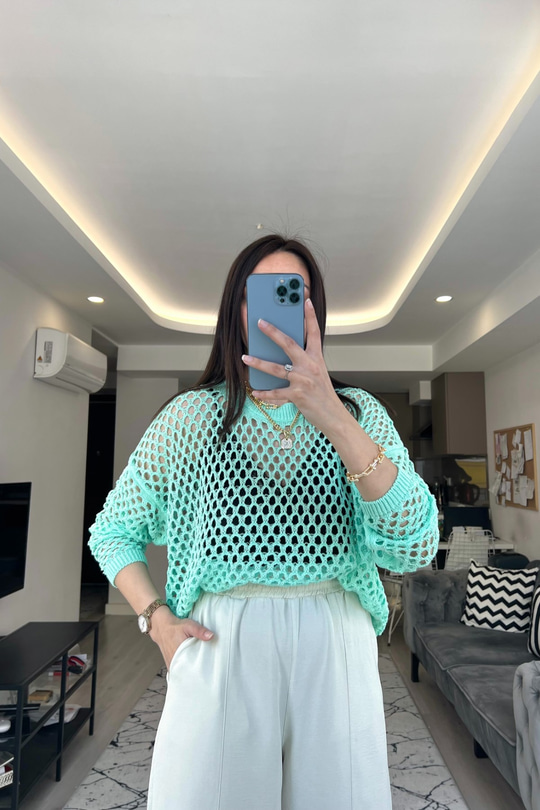 Mint Yeşili Ajurlu Triko
