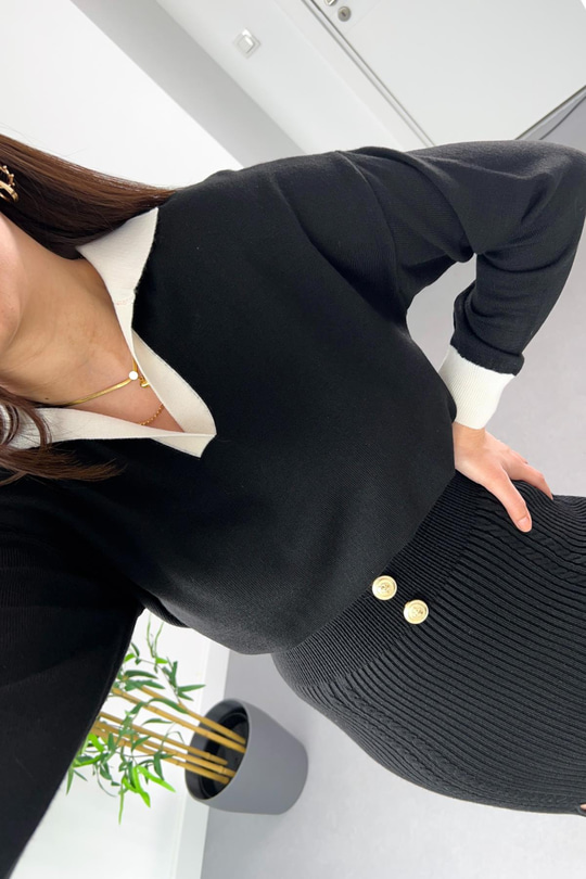 Siyah Bej Yaka Detaylı Polo Yaka Triko