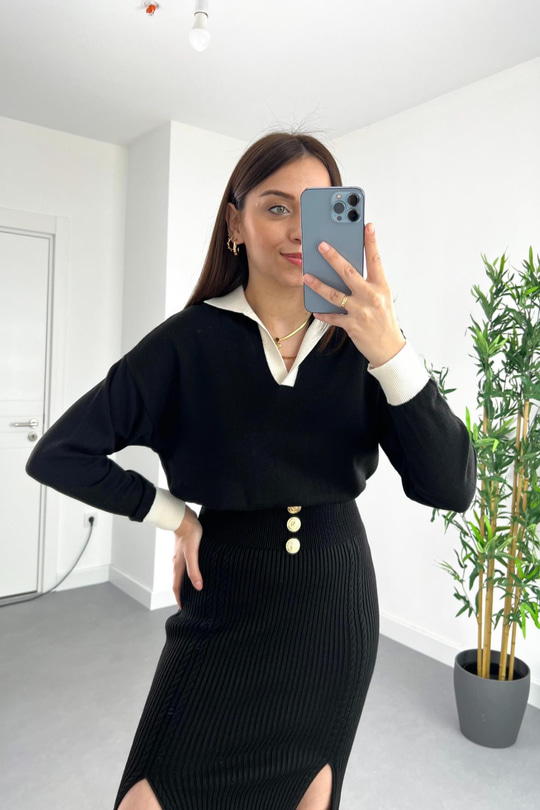 Siyah Bej Yaka Detaylı Polo Yaka Triko