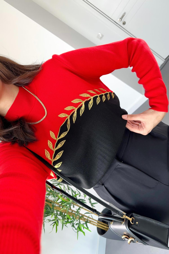 Siyah Kırmızı Yaldızlı Dik Yaka Triko