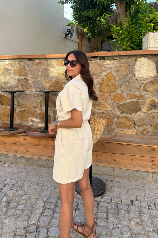 Gelysa Taş Rengi Beli Lastikli Düğme ve Fermuar Detaylı Tulum