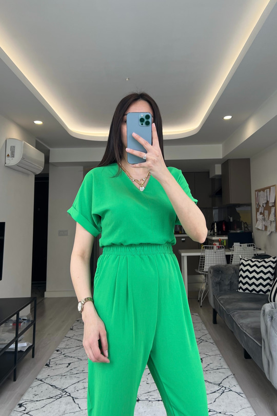 Yeşil Beli Lastikli Tulum