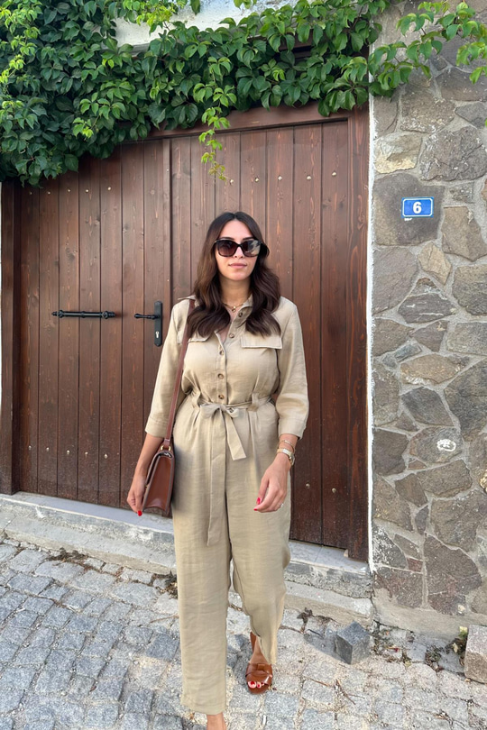 ZR Huston Bej Düğme ve Kemer Detaylı Tulum