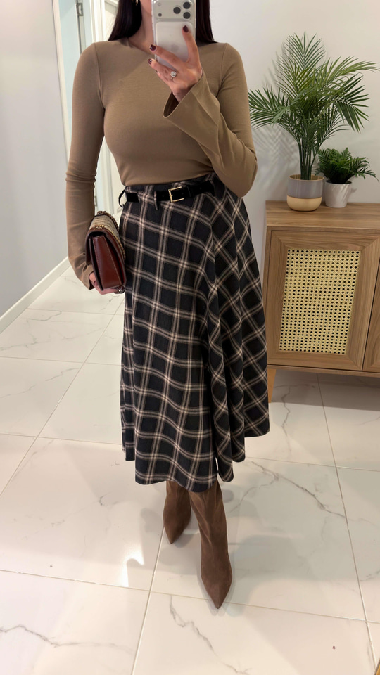 Tunas Gri Ekoseli Kemer Detaylı Etek