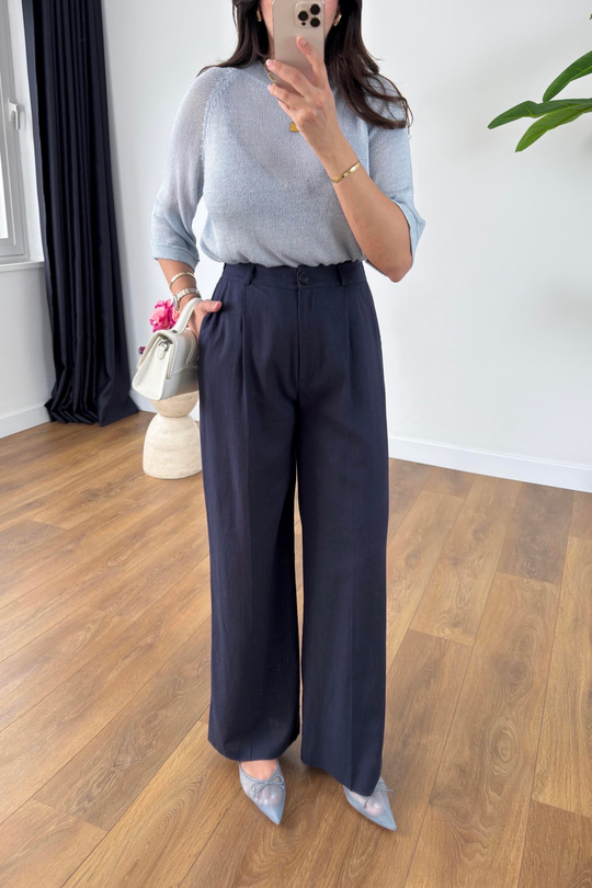 Ulsana Lacivert Premium Linen Pantolon