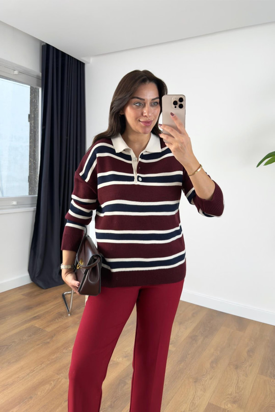 Uyul Bordo Ekru Polo Yaka Detaylı Triko