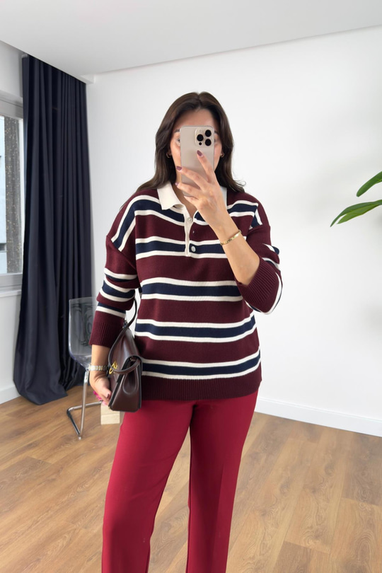 Uyul Bordo Ekru Polo Yaka Detaylı Triko