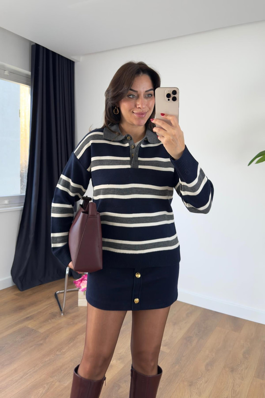 Uyul Lacivert Gri Polo Yaka Detaylı Triko