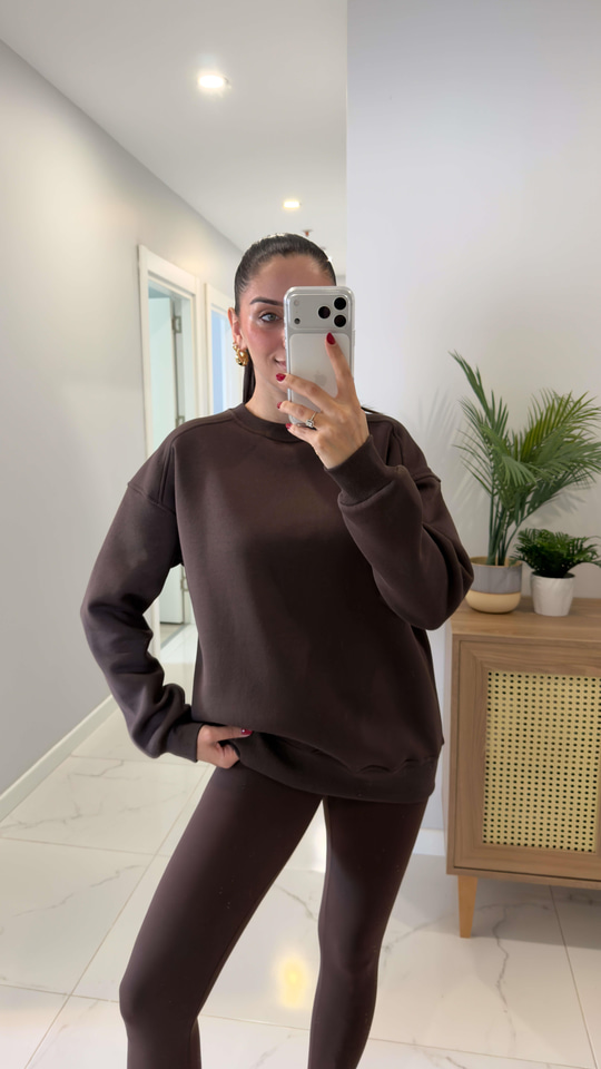 Valeria Kahve Oversize Basic Sweatshirt