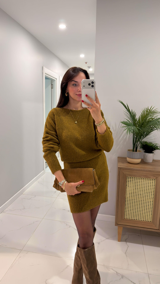Vedors Olive Yumuşak Dokulu Elbise
