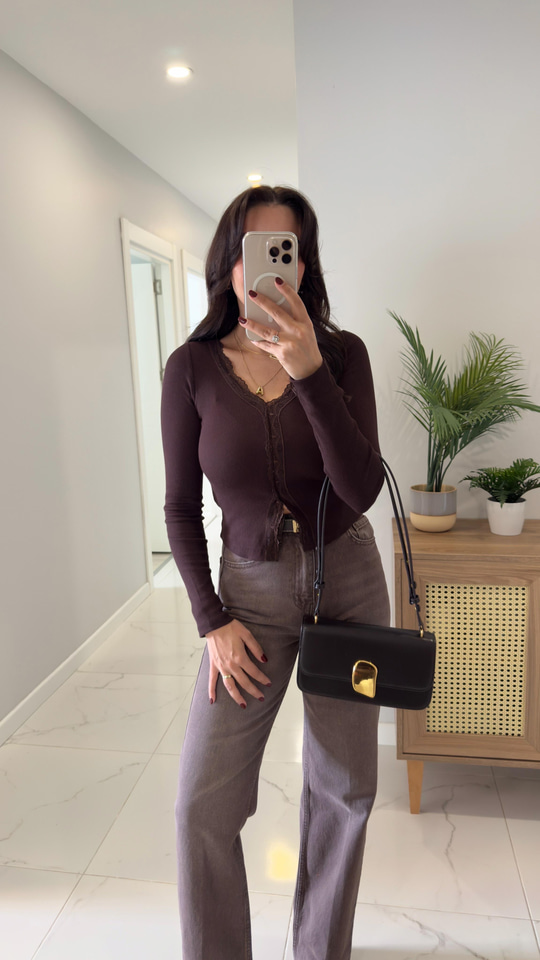 Velori Kahve Dantel Detaylı Fitilli Bluz
