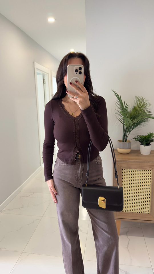 Velori Kahve Dantel Detaylı Fitilli Bluz