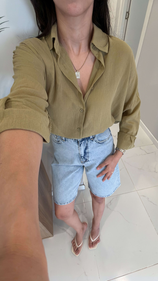 Verani Yağ Yeşili Oversize Basic Gömlek
