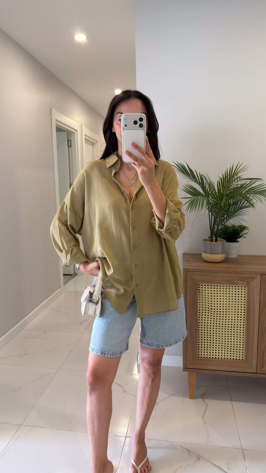 Verani Yağ Yeşili Oversize Basic Gömlek