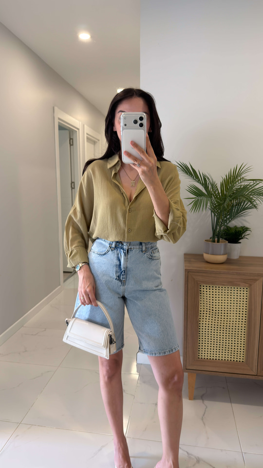 Verani Yağ Yeşili Oversize Basic Gömlek
