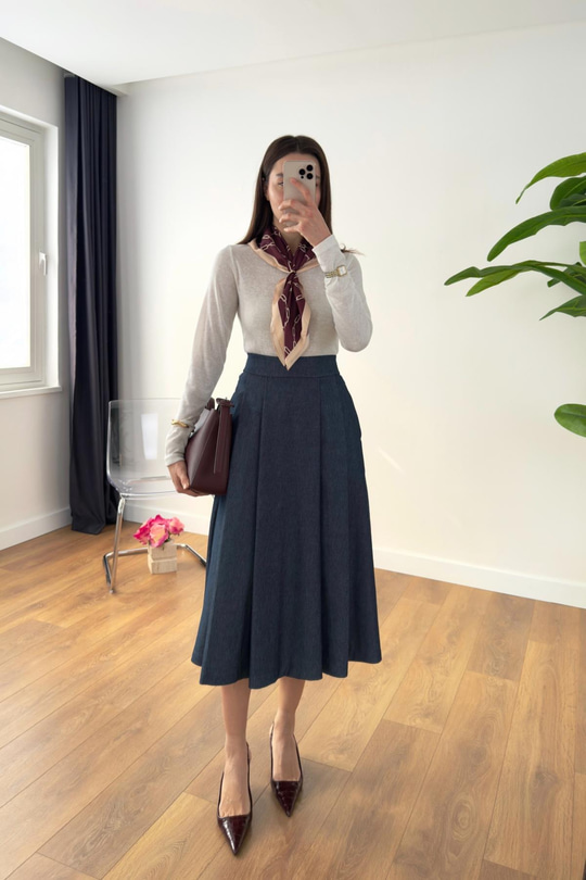 Vessa Lacivert Denim Pileli Maxi Boy Etek