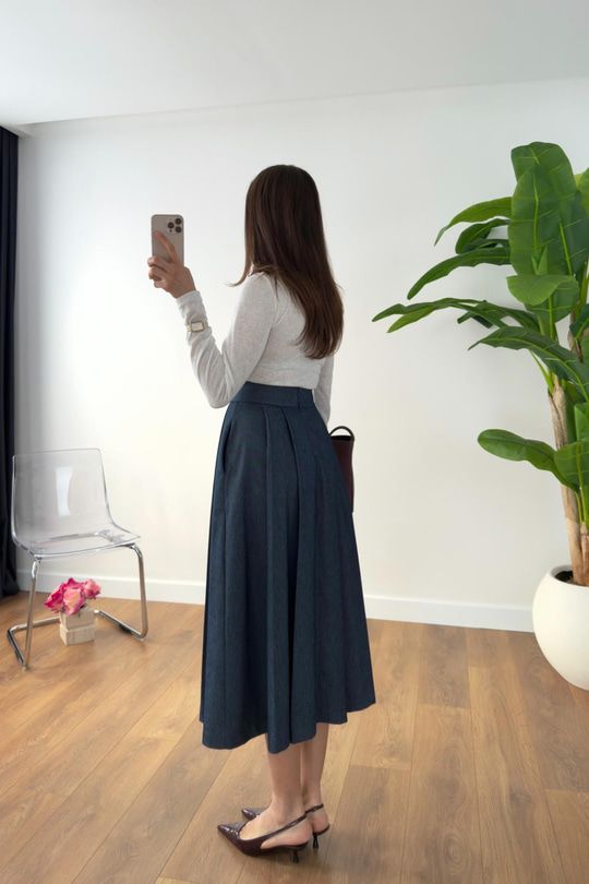 Vessa Lacivert Denim Pileli Maxi Boy Etek