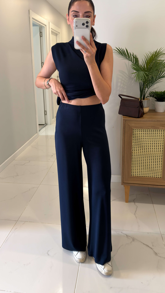 Veyta Lacivert Örme Omuz Beli Pile Detaylı Bluz Pantolon Takım