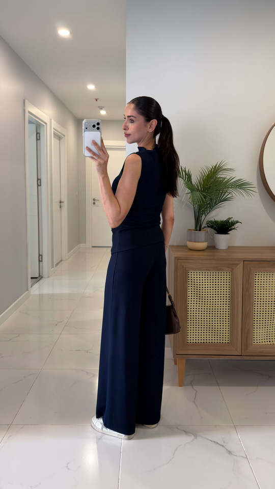 Veyta Lacivert Örme Omuz Beli Pile Detaylı Bluz Pantolon Takım
