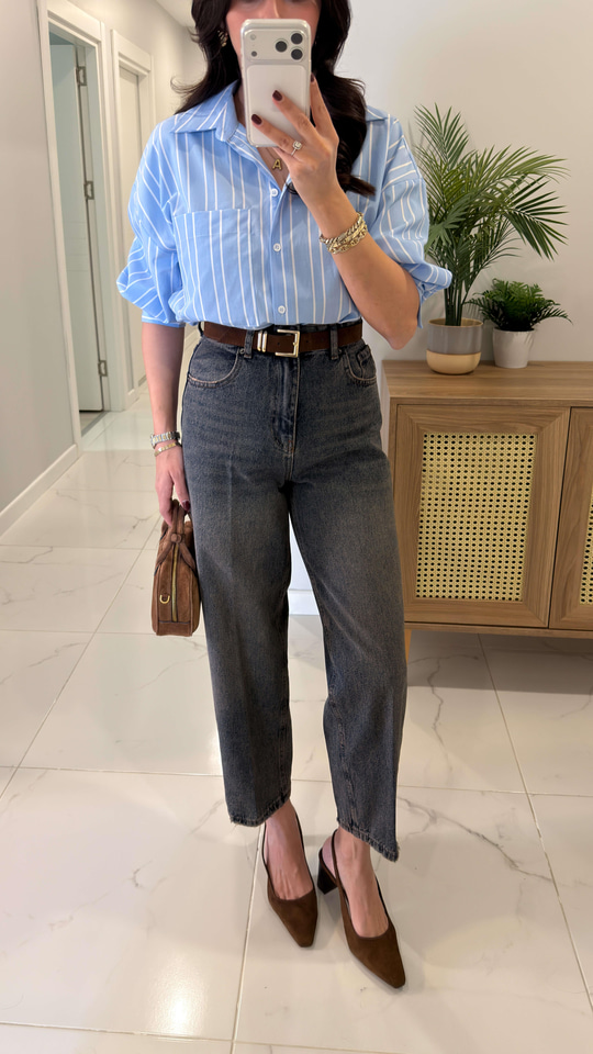 Vinda Koyu Kar Yıkama Kahve Tint Kemerli Baggy Jean