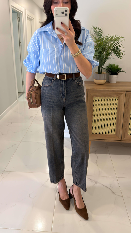 Vinda Koyu Kar Yıkama Kahve Tint Kemerli Baggy Jean