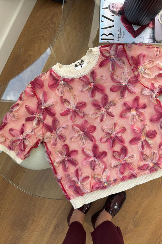 Vodi Pembe Fuşya Çiçek Desenli Triko