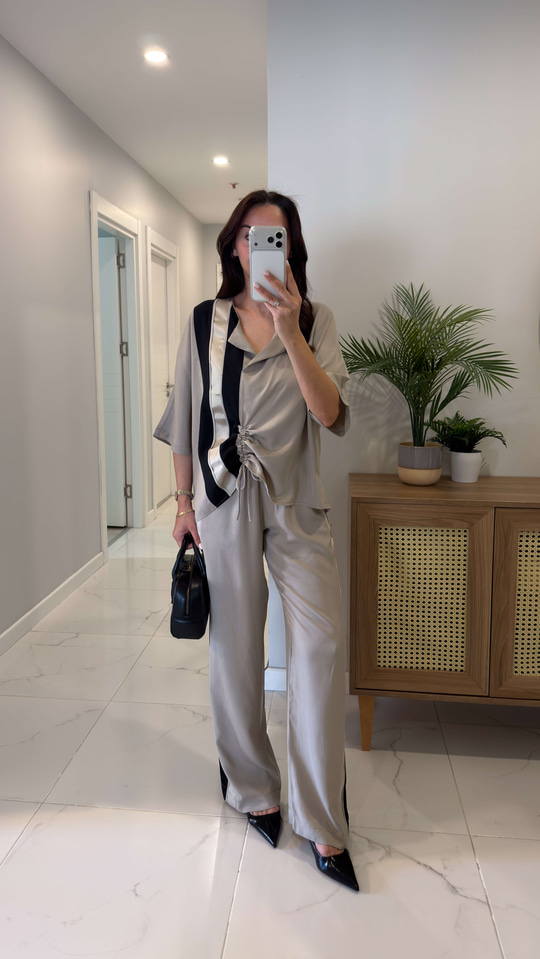 Vollida Bej Ayarlanabilir Büzgülü Colorblock Takım