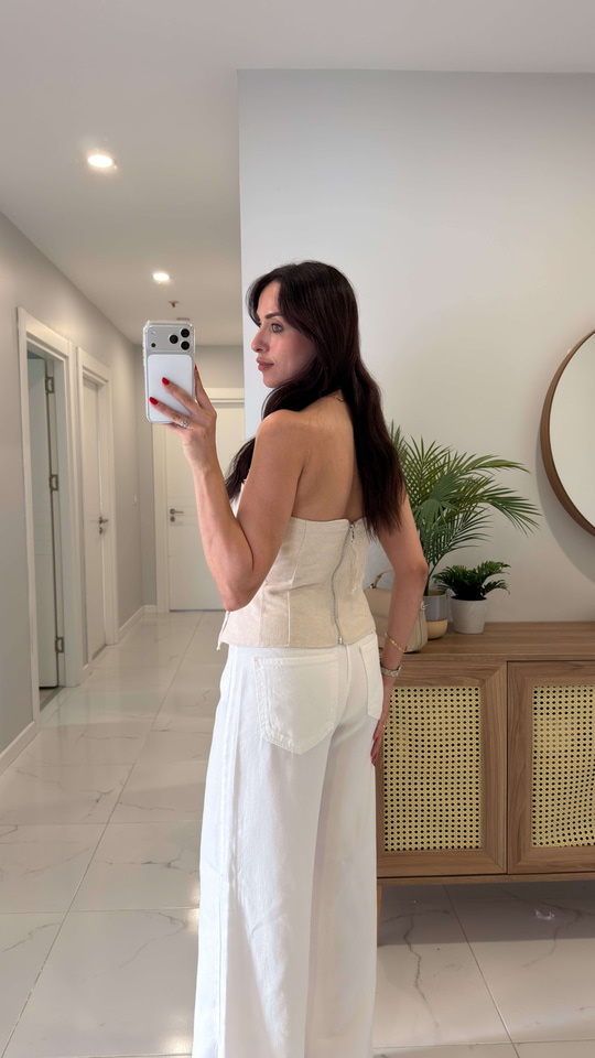Vopse Bej İp Detaylı Korse Bluz