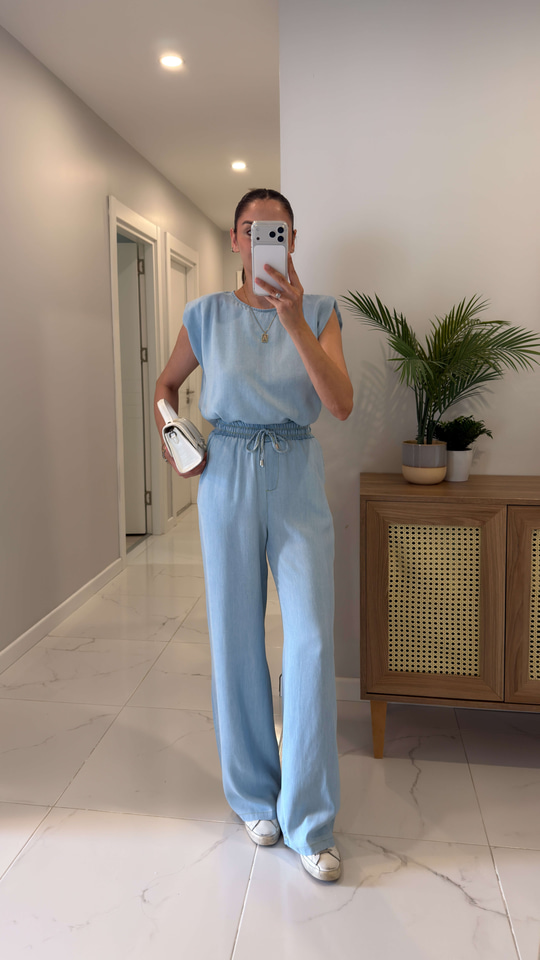 Vuders Buz Mavi Vatkalı Bluz Pantolon Takım