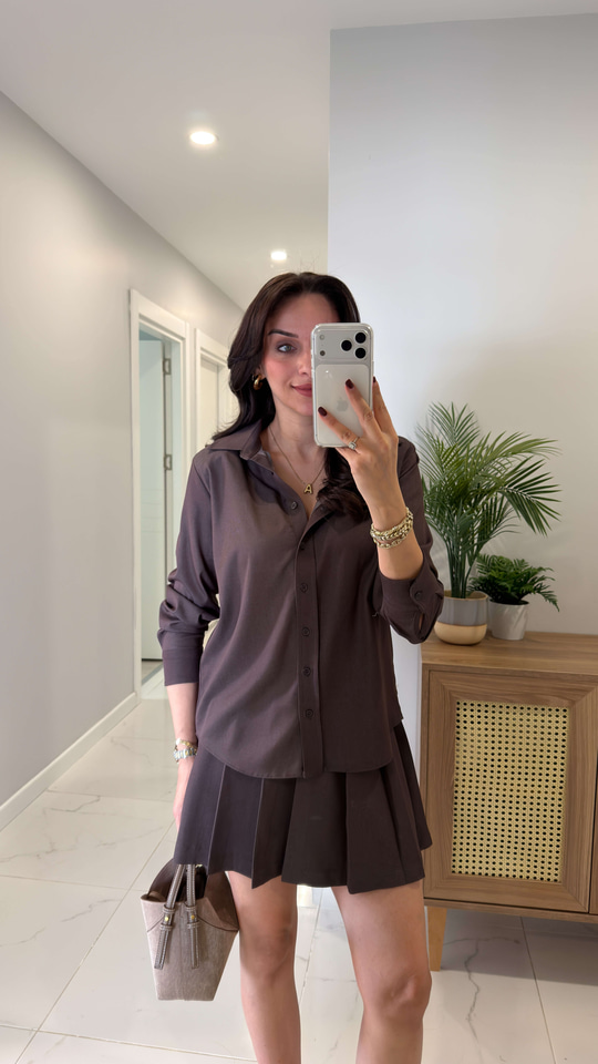 Willedra Kahve Gömlek Etekli Kemerli Tencel Takım