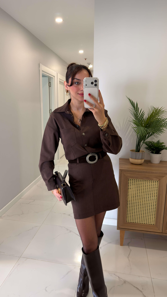 Yanwi Kahve Premium Düğmeli Kemer Detaylı Elbise