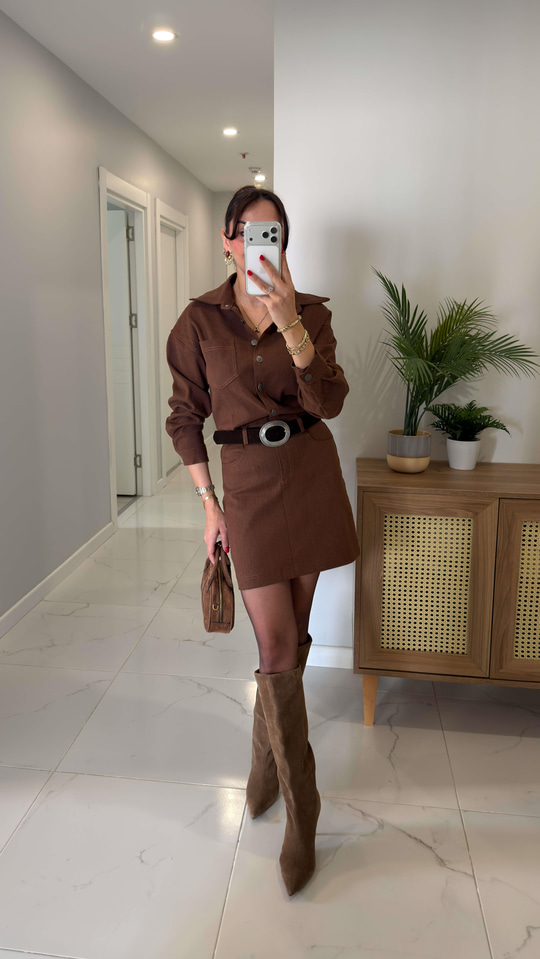 Yanwi Taba Premium Düğmeli Kemer Detaylı Elbise