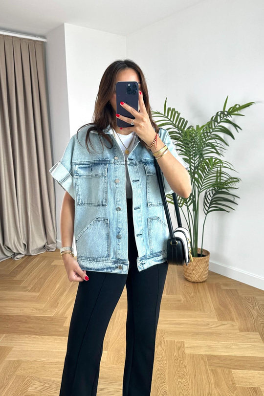 West Buz Mavi Katlı Kol Detaylı Denim Yelek