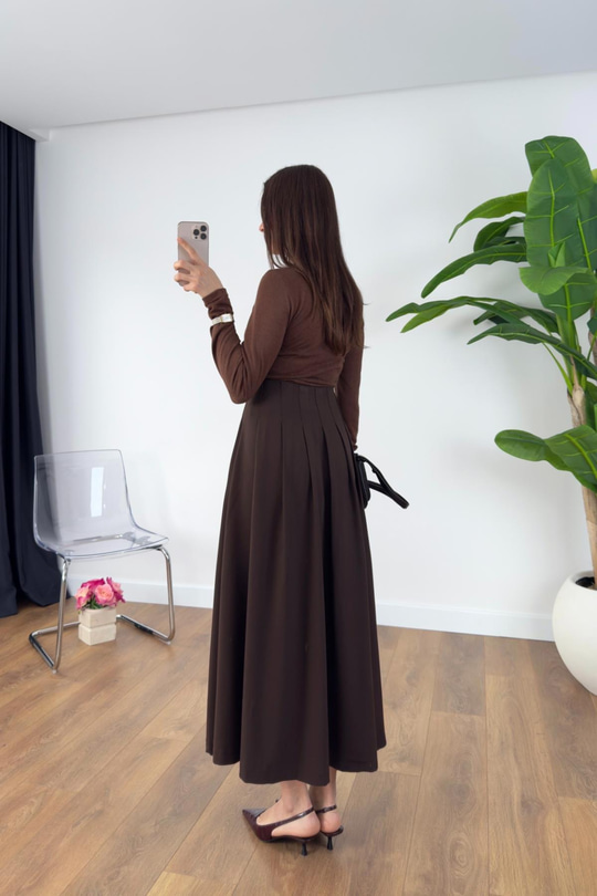 Yelina Kahve Çift Kemer Detaylı Etek